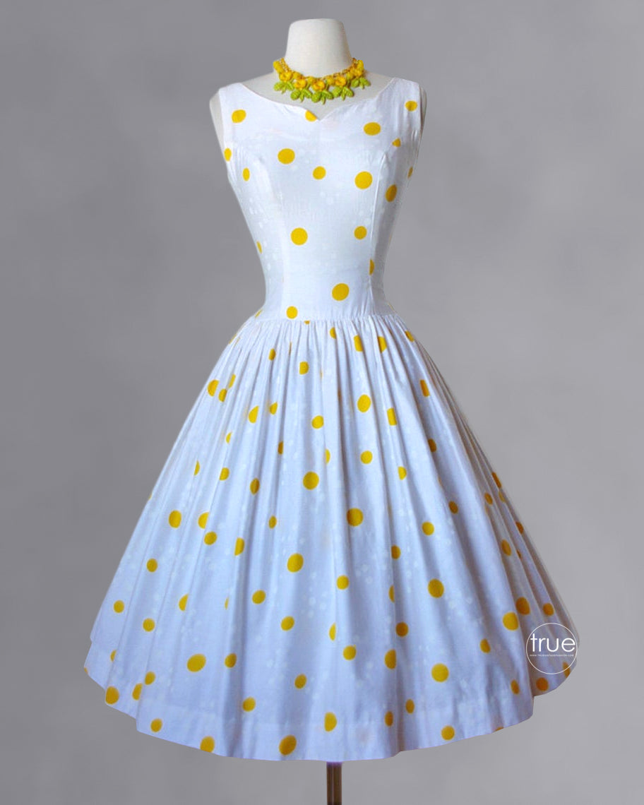 vintage 1950's dress ...fun Betty Barclay yellow polka dot cotton dress