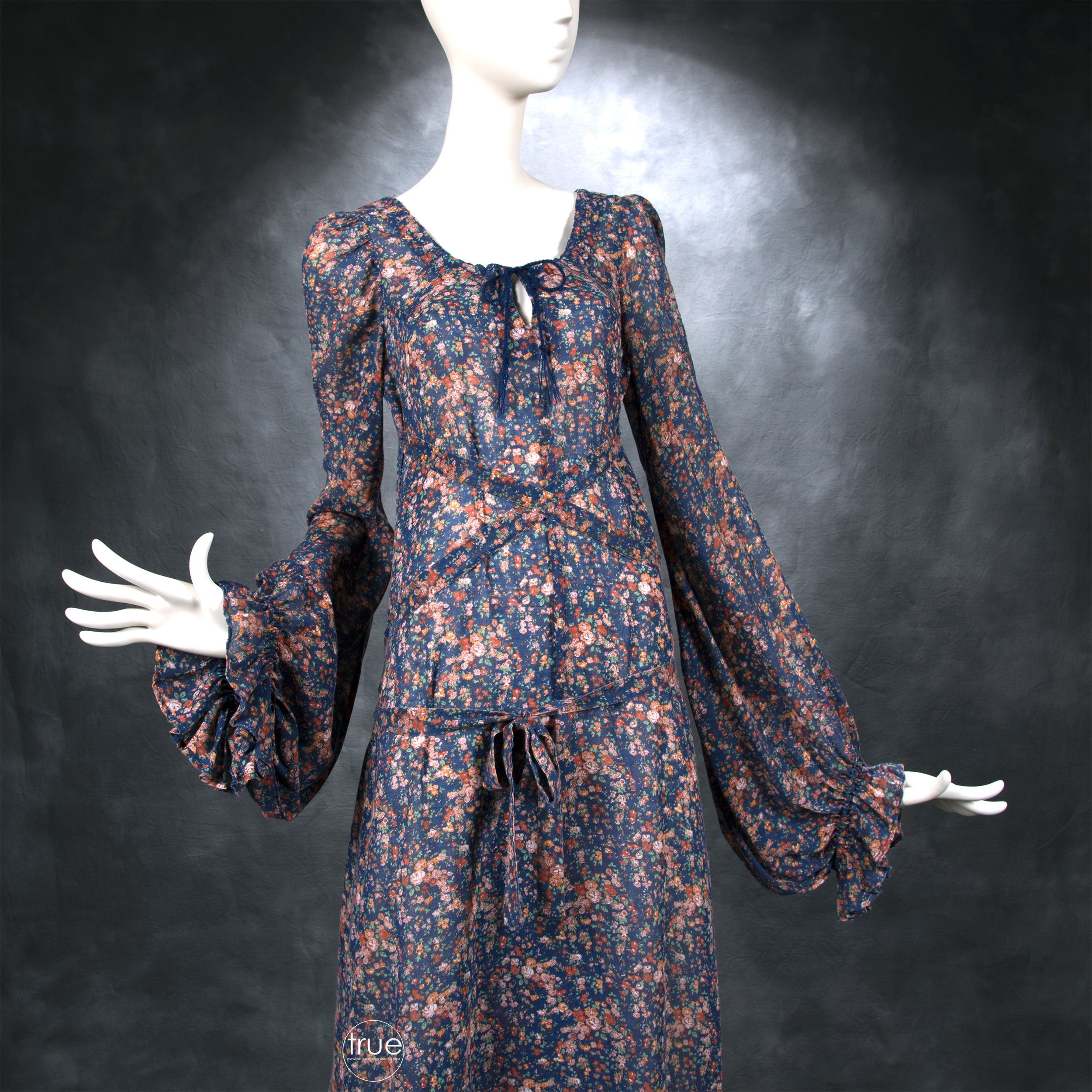 vintage 1970's dressrare Betsey Johnson ALLEY CAT floral maxi dress  w/bishop sleeves & convertible straps