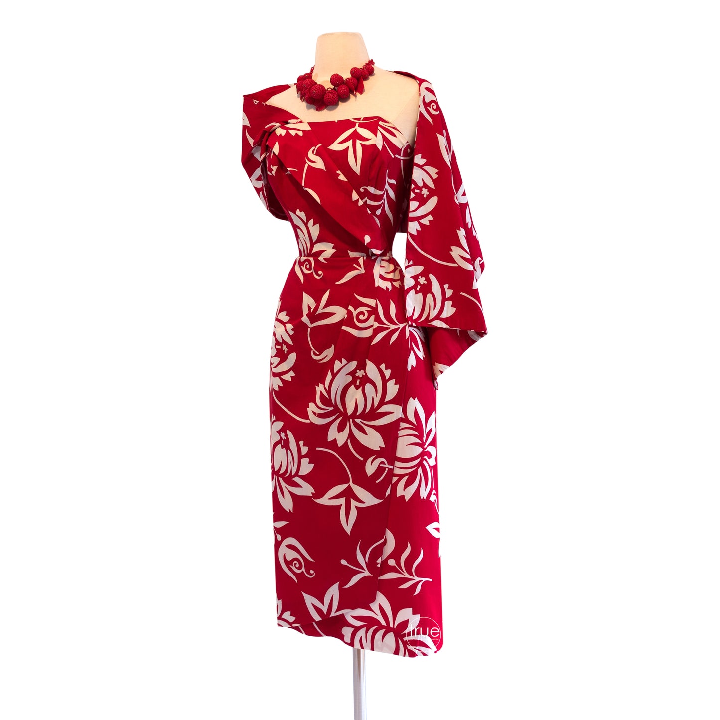 vintage 1950's dress ...iconic ALFRED SHAHEEN red hawaiian sarong dress